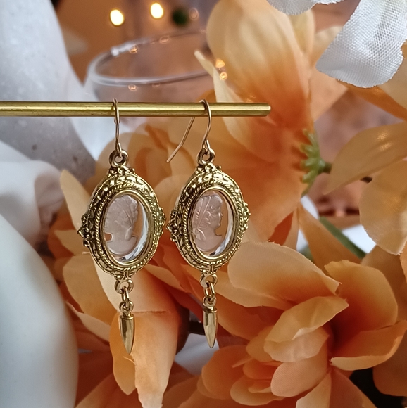 Vintage Gold and Glass Portrait Earrings - Picture 1 of 5